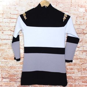 Vince | Cold Shoulder Black & Gray Striped Mock Neck Sweater